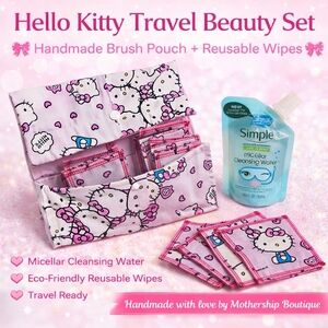 Hello Kitty 10pc Handmade Travel Set – Pouch + Reusable Make Up Wipes + Remover